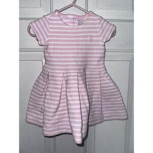 Ralph Lauren Baby Girl Pink White Striped Ottoman Ribbed Pleated Dress 9M